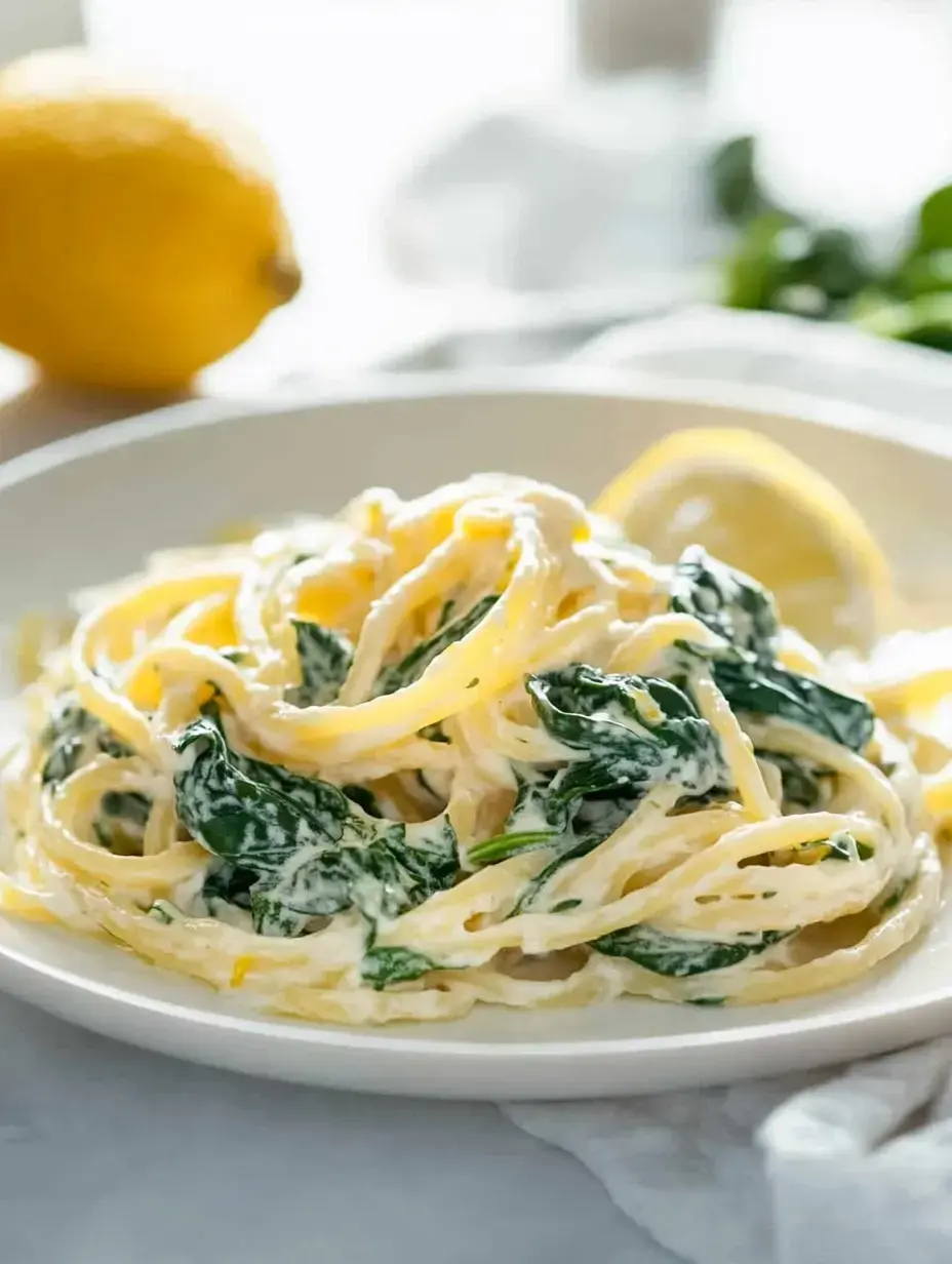 A plate of creamy pasta with spinach and lemon, garnished with lemon halves, is beautifully presented on a light countertop.