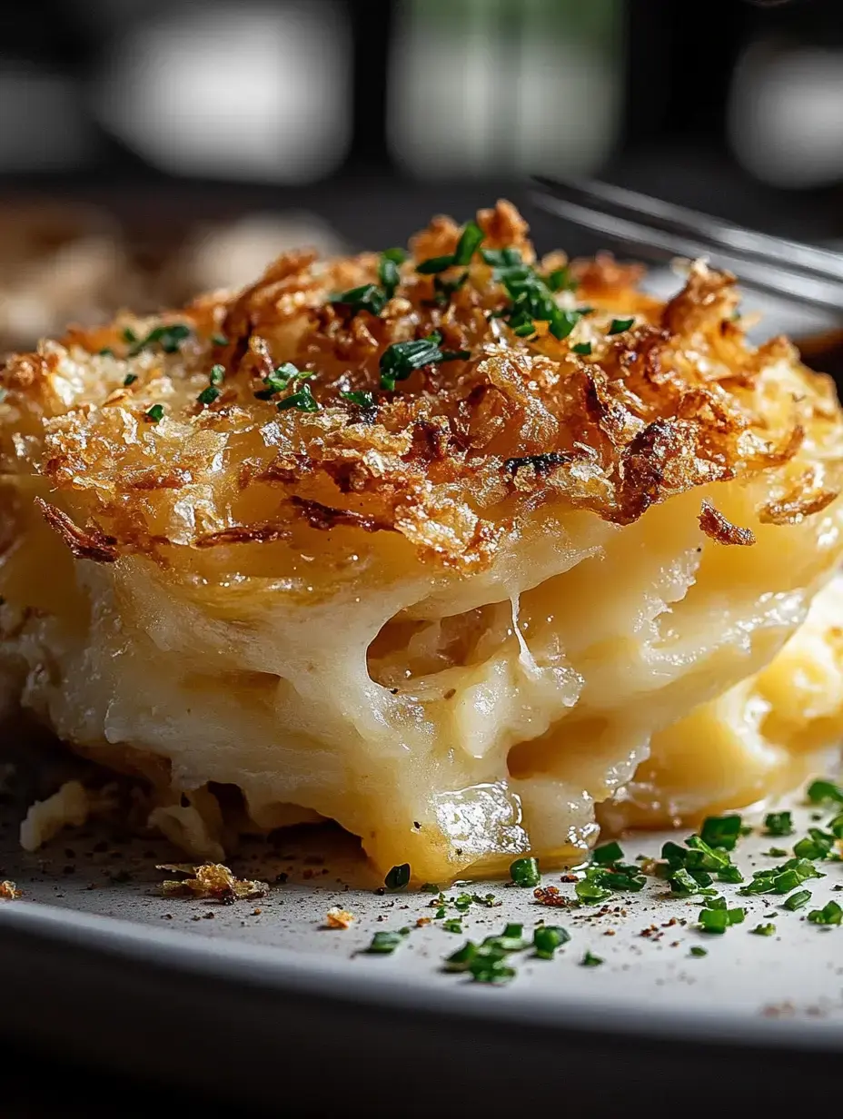 A close-up of a creamy, golden-brown lasagna slice topped with crispy bits and garnished with fresh chives on a white plate.