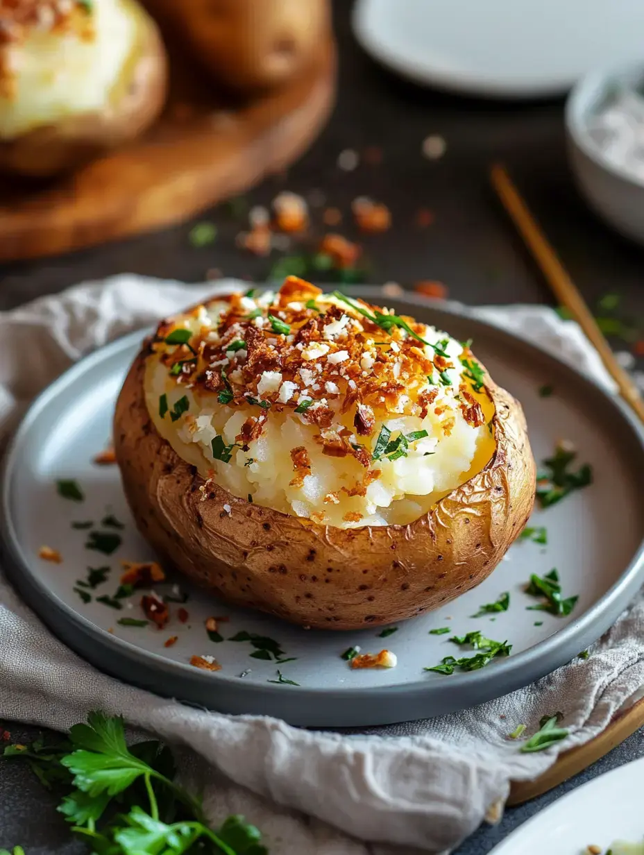 A loaded baked potato topped with mashed potatoes, crispy bits, and fresh herbs on a gray plate.