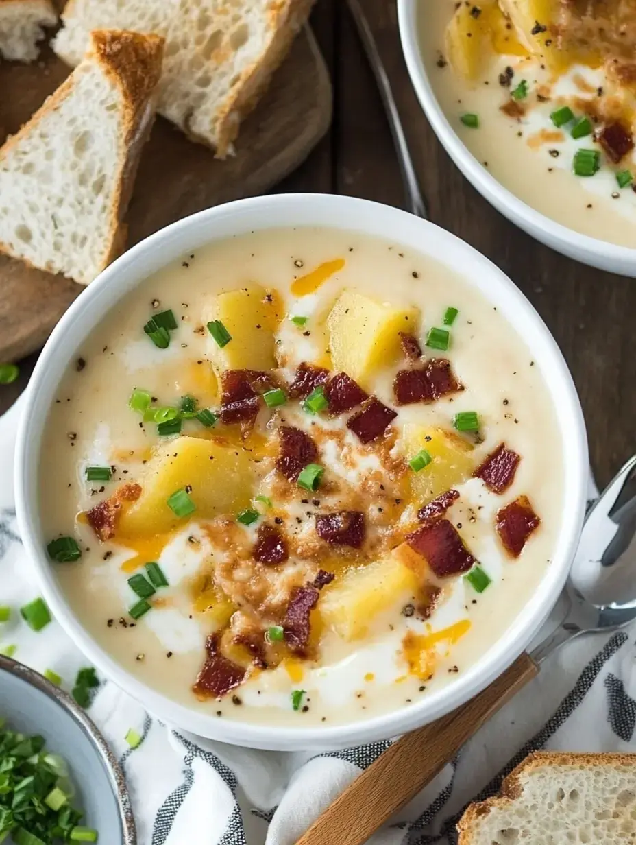 A creamy potato and bacon soup garnished with green onions, served with slices of bread on the side.