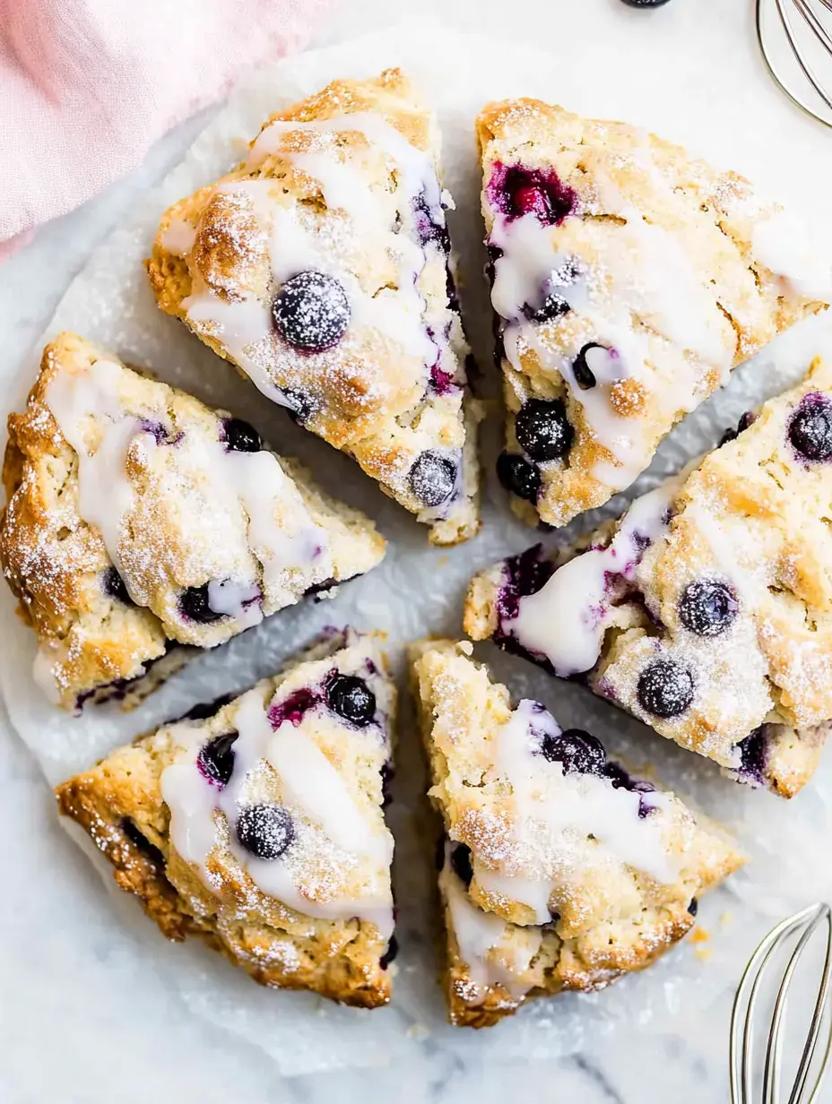 A close-up view of sliced blueberry scones drizzled with glaze, arranged on a marble surface.