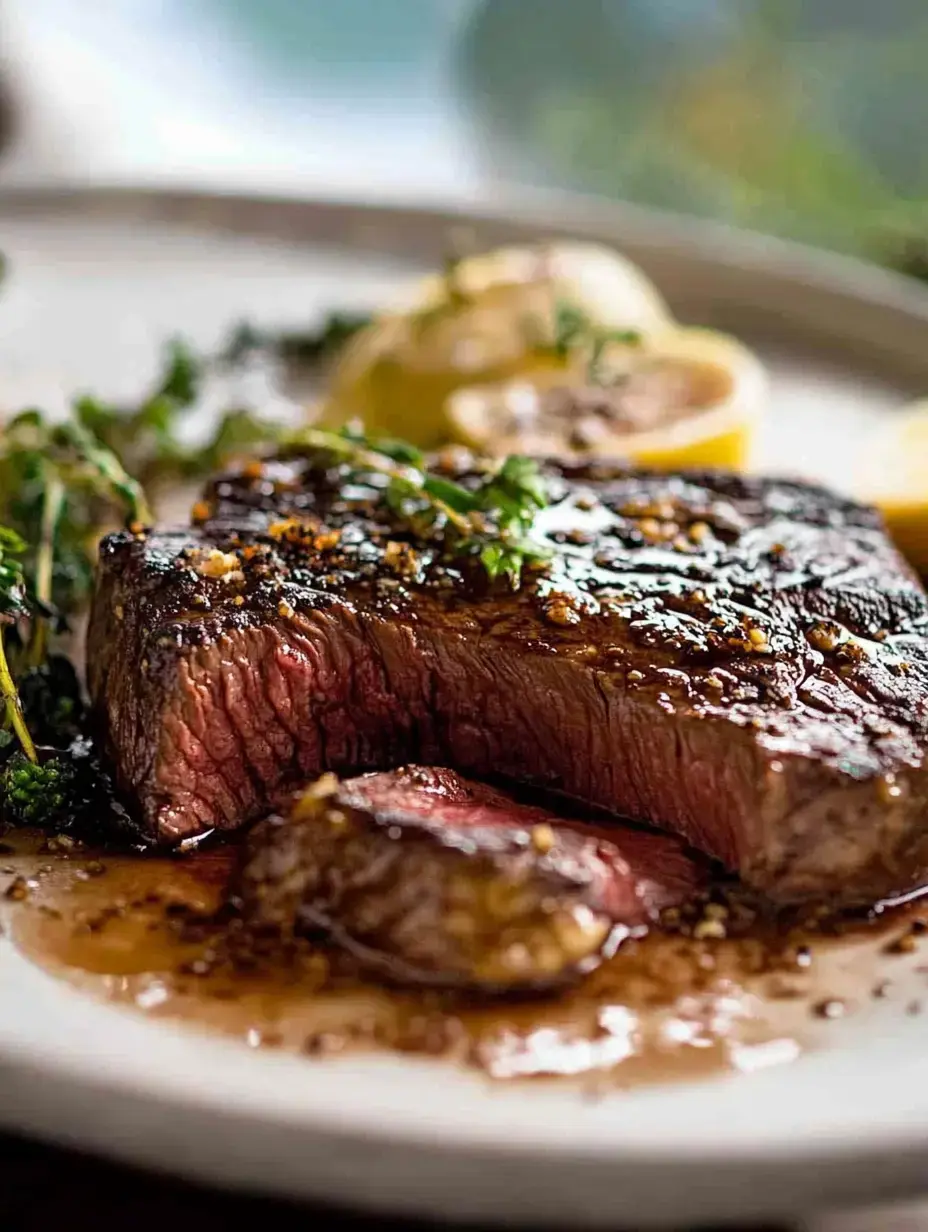 A perfectly cooked steak garnished with herbs and accompanied by lemon wedges on a plate.