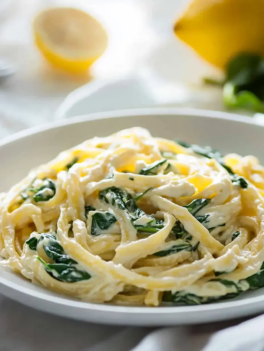 A plate of creamy fettuccine pasta mixed with spinach, garnished with lemon slices in the background.