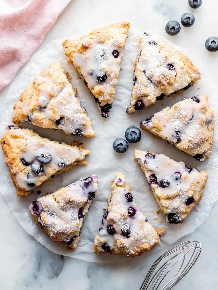 A circular arrangement of freshly baked blueberry scones with a glaze and powdered sugar, set on a white parchment paper.