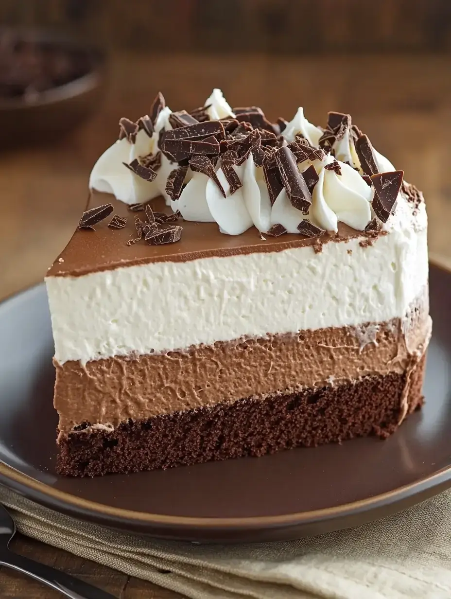 A slice of layered chocolate cake topped with whipped cream and chocolate shavings on a brown plate.