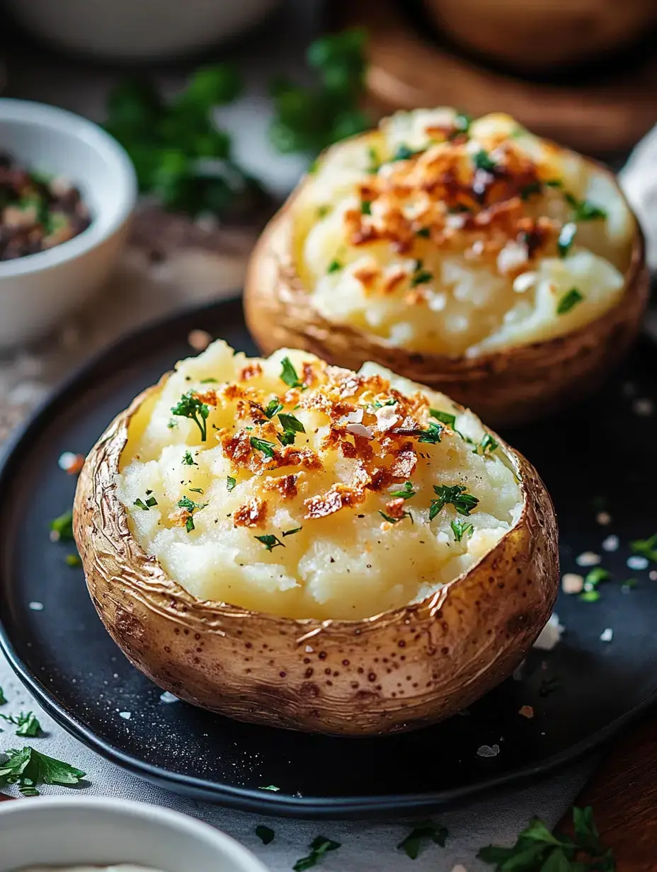 Two baked potatoes filled with creamy mashed potatoes, topped with crispy bits and chopped parsley, are served on a dark plate with scattered herbs in the background.