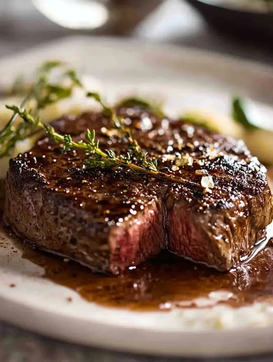 A perfectly cooked steak with a glistening crust, garnished with fresh thyme and drizzled with sauce, served on a white plate.