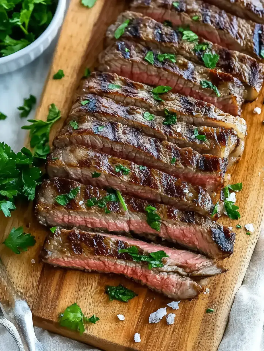 Sliced grilled steak garnished with fresh parsley, served on a wooden cutting board.