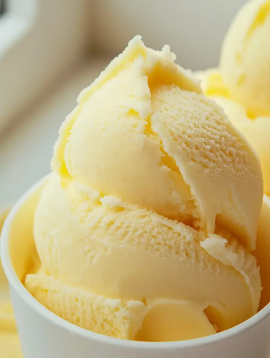 A close-up of a cup filled with creamy, yellow ice cream scoops.