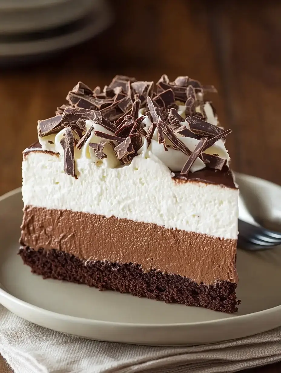 A slice of layered chocolate dessert featuring a chocolate crust, mousse, and creamy topping, garnished with chocolate shavings, served on a beige plate.