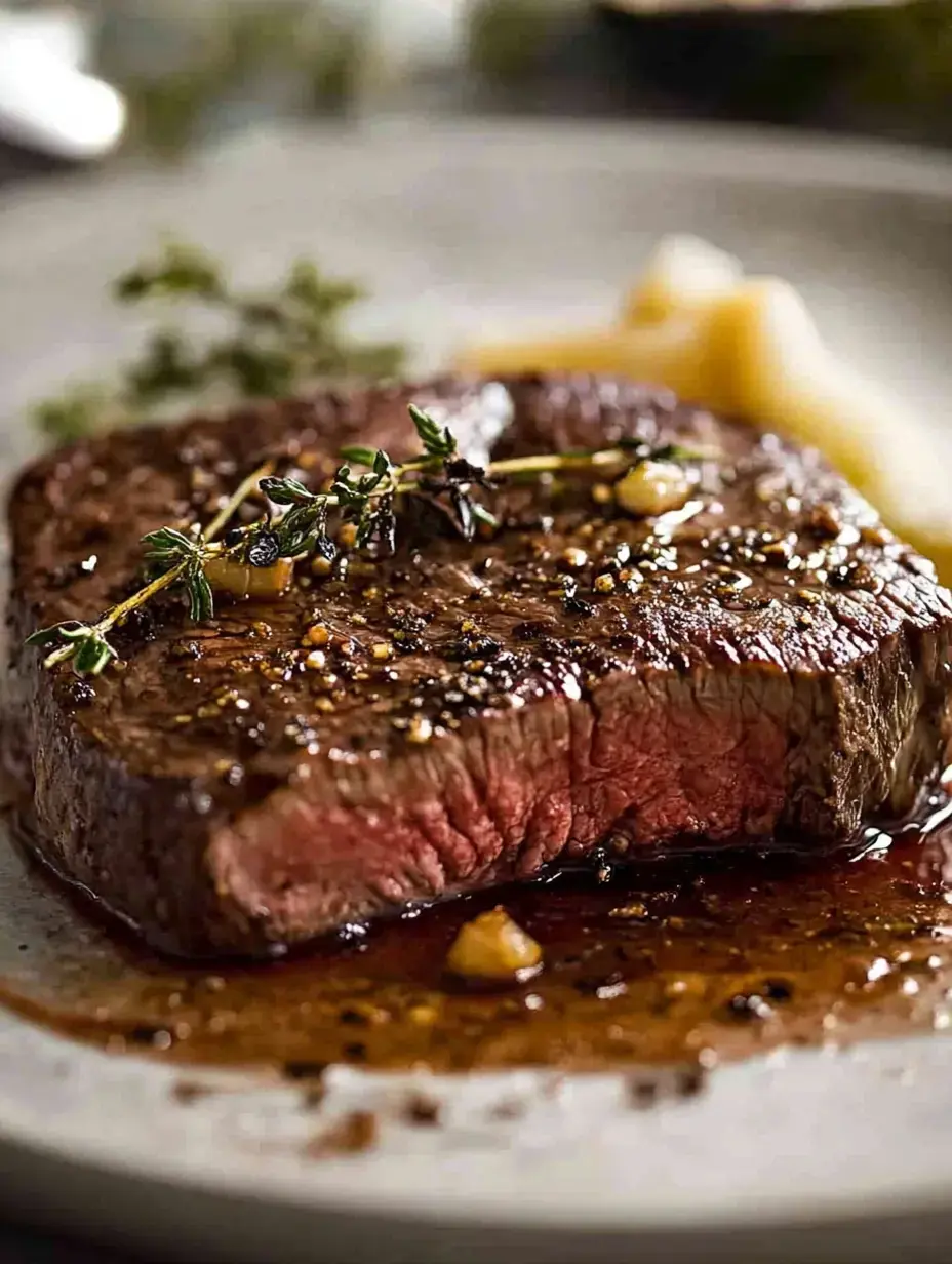 A perfectly cooked steak garnished with thyme, served in a savory sauce.