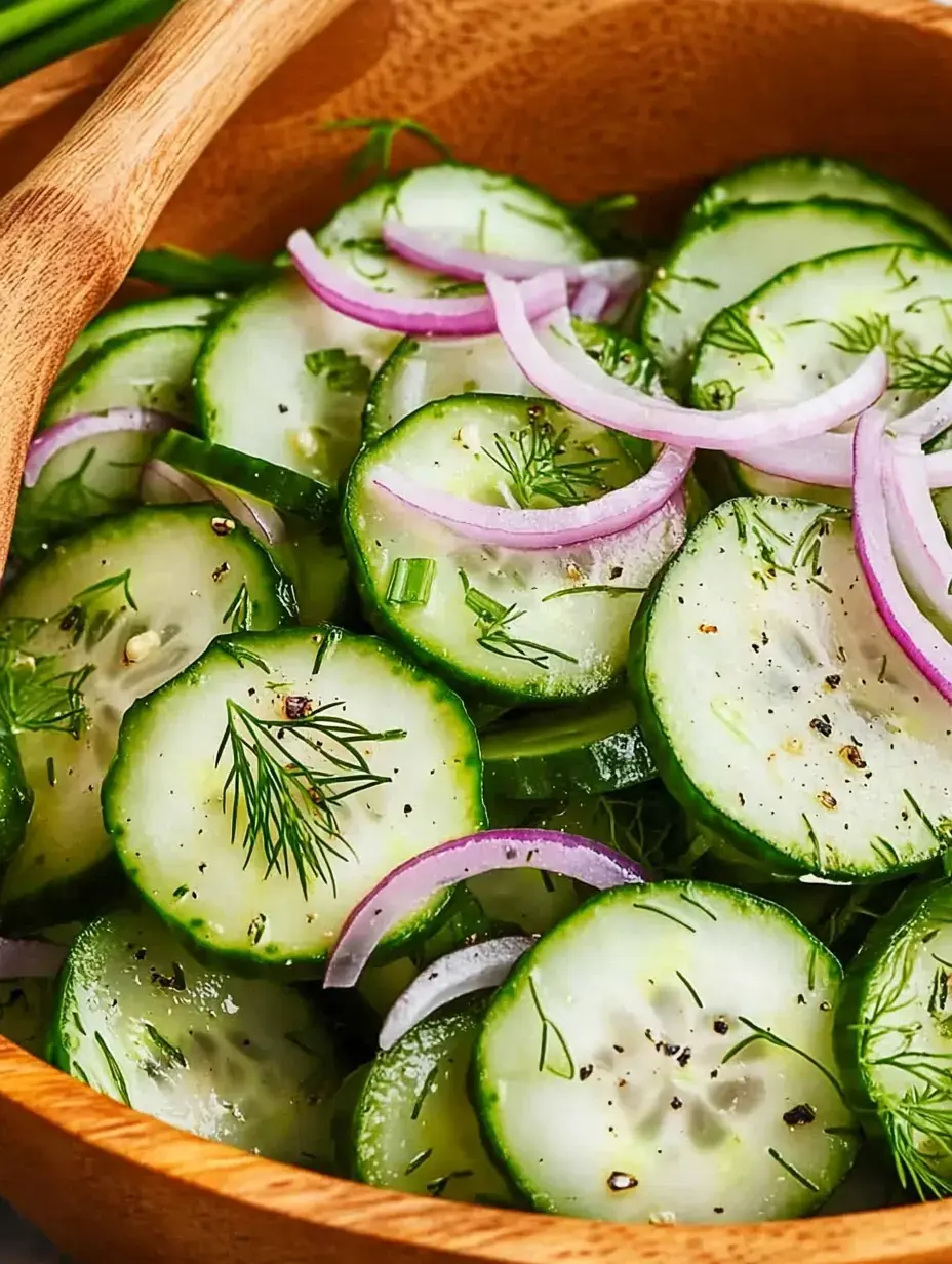 A bowl of sliced cucumbers mixed with red onion and fresh dill, seasoned with pepper, arranged attractively.