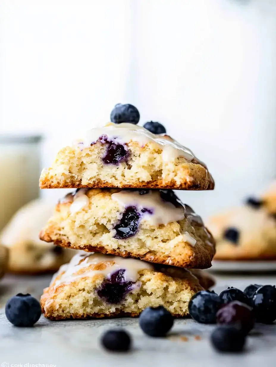 A stack of three blueberry scones drizzled with glaze and topped with fresh blueberries, surrounded by scattered berries on a light surface.