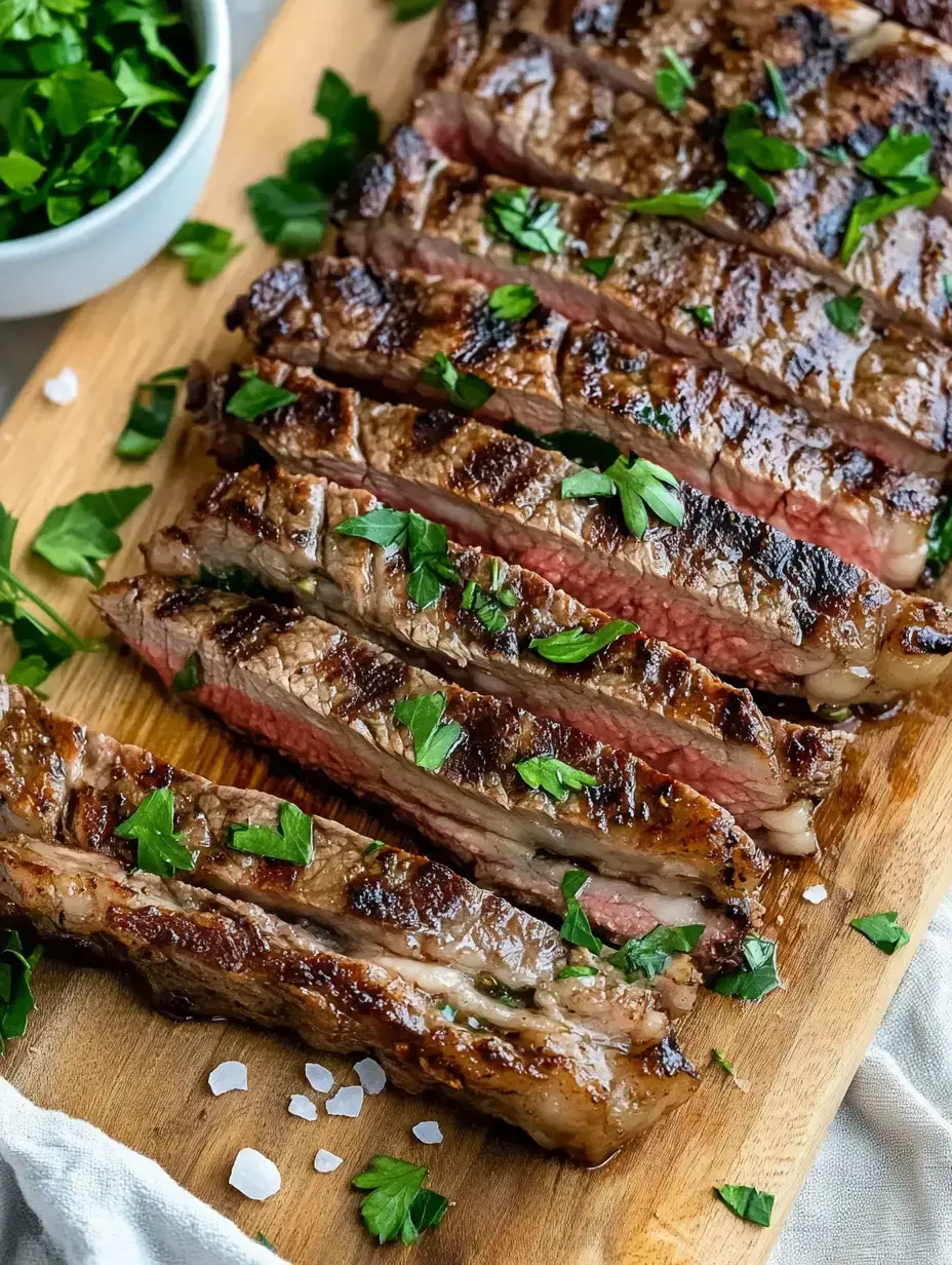 Sliced grilled steak garnished with fresh parsley on a wooden cutting board, accompanied by a bowl of chopped herbs.