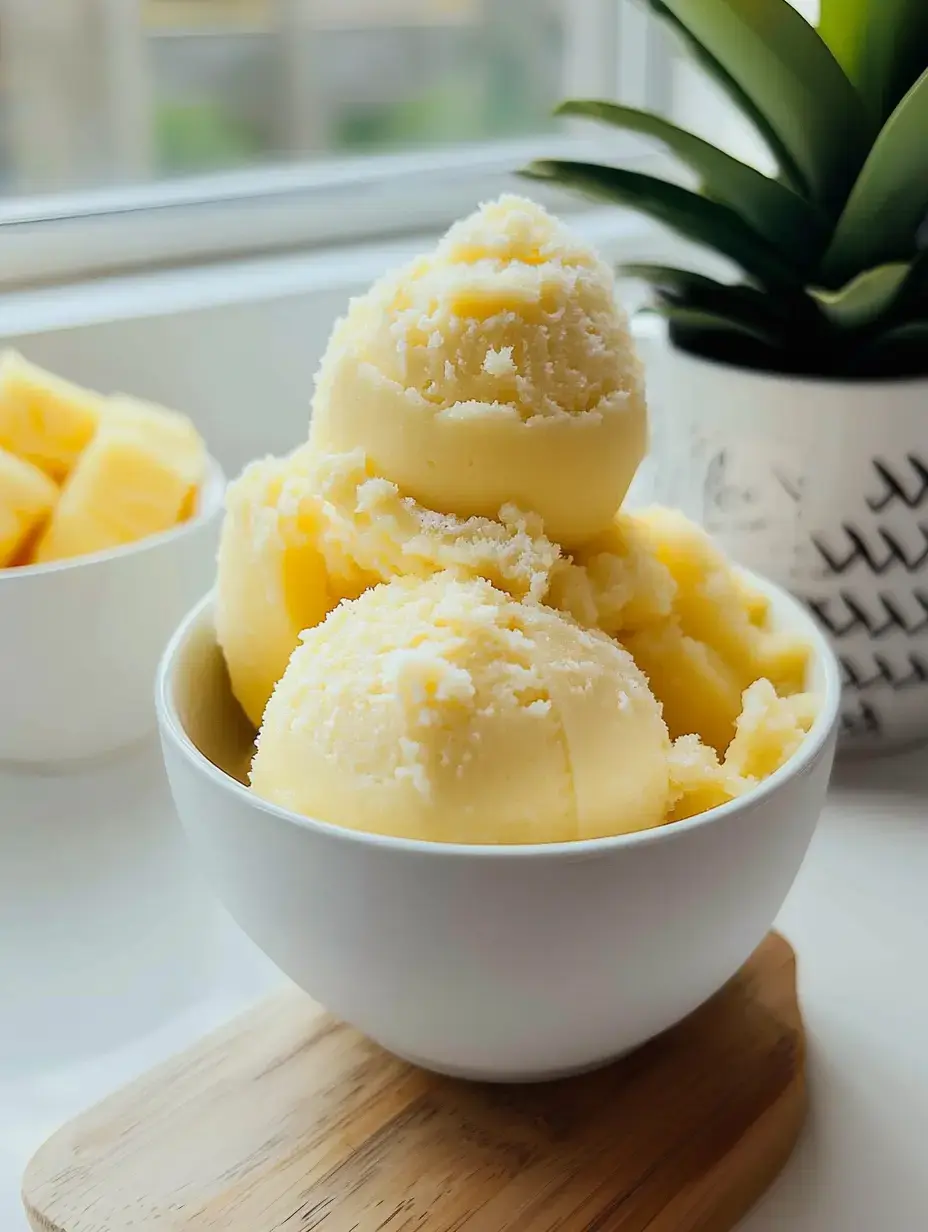 A bowl filled with three scoops of yellow ice cream sits on a wooden cutting board, accompanied by a bowl of diced pineapple in the background.