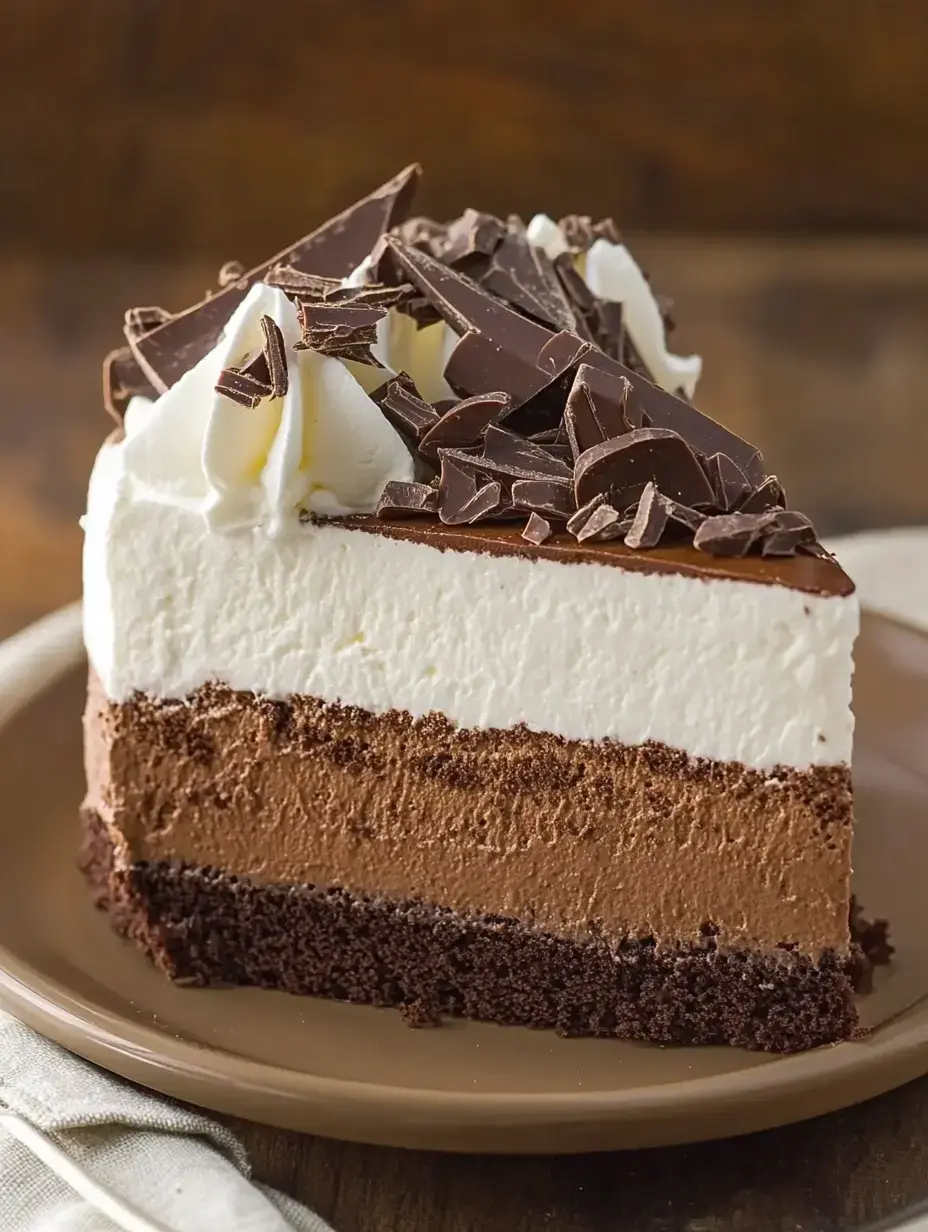 A slice of layered chocolate cake topped with whipped cream and chocolate shavings, served on a plate.