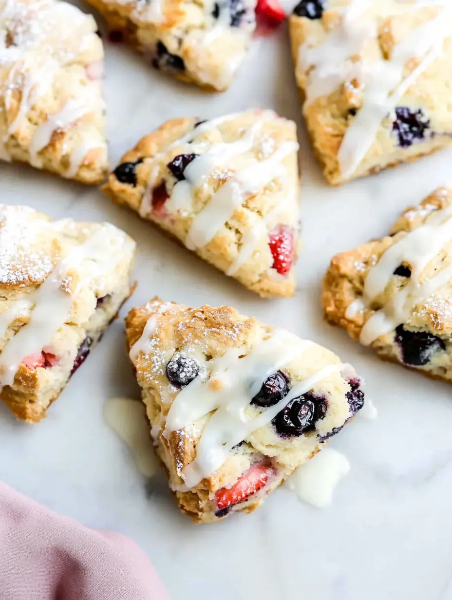 A close-up view of freshly baked fruit scones drizzled with icing and sprinkled with powdered sugar, arranged on a marble surface.