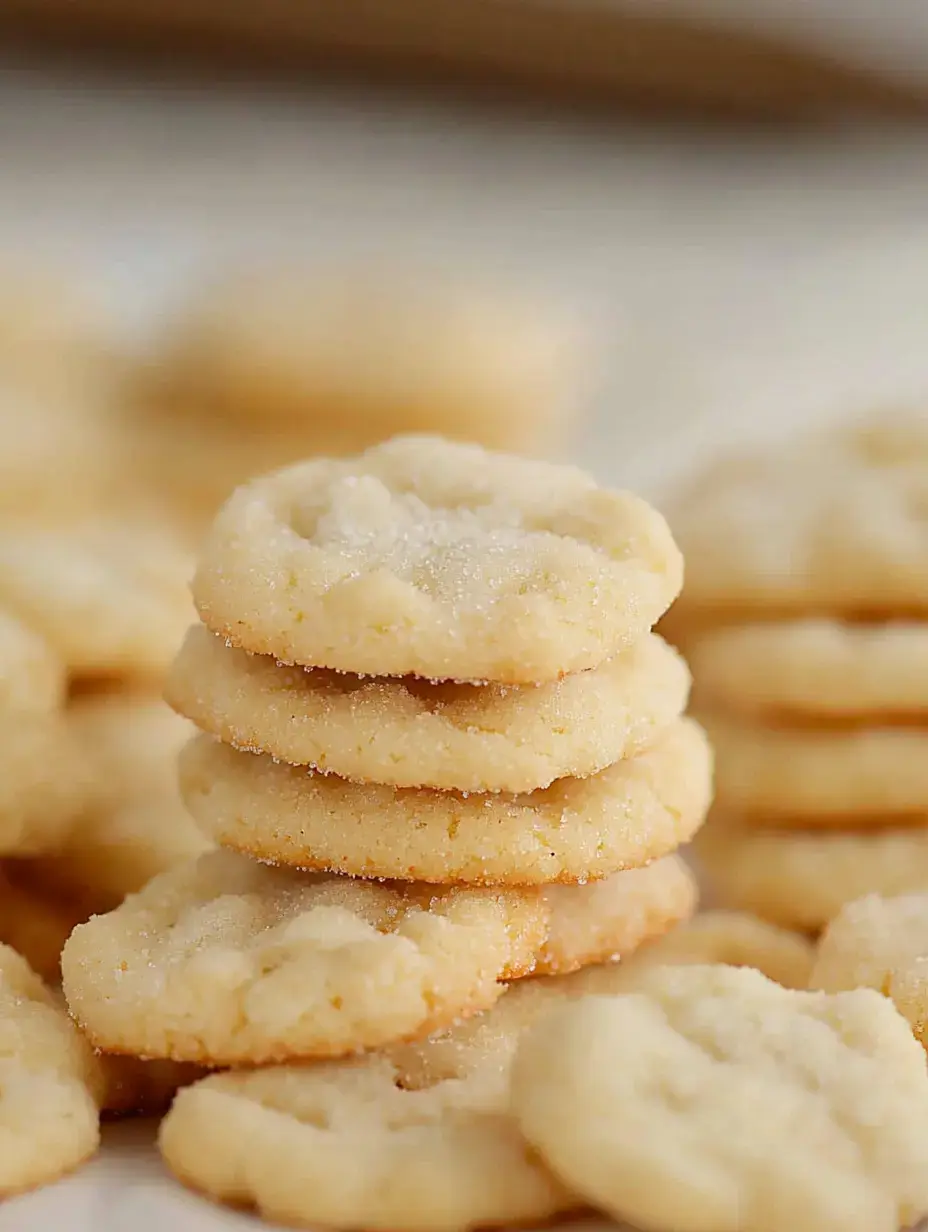 A stack of sugar cookies rests on a blurred background of more cookies, showcasing their golden edges and sugar-coated tops.