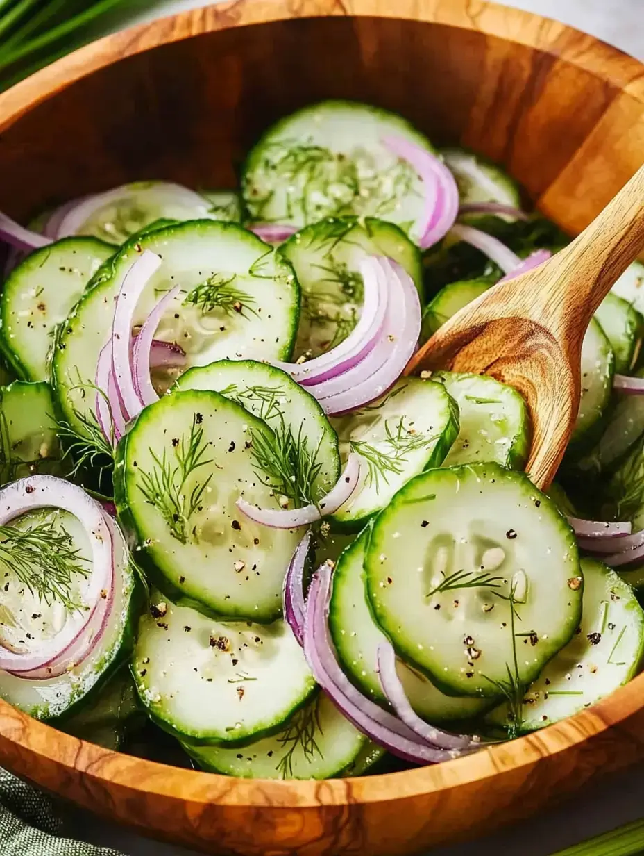 A wooden bowl filled with sliced cucumbers, red onions, and fresh dill, lightly seasoned and mixed.