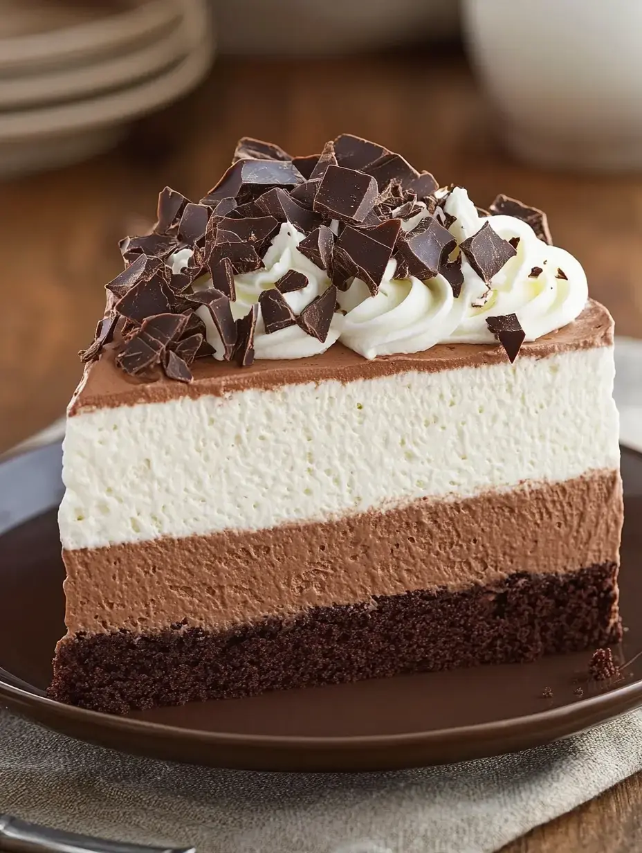 A slice of layered chocolate mousse cake topped with whipped cream and chocolate shavings, served on a brown plate.