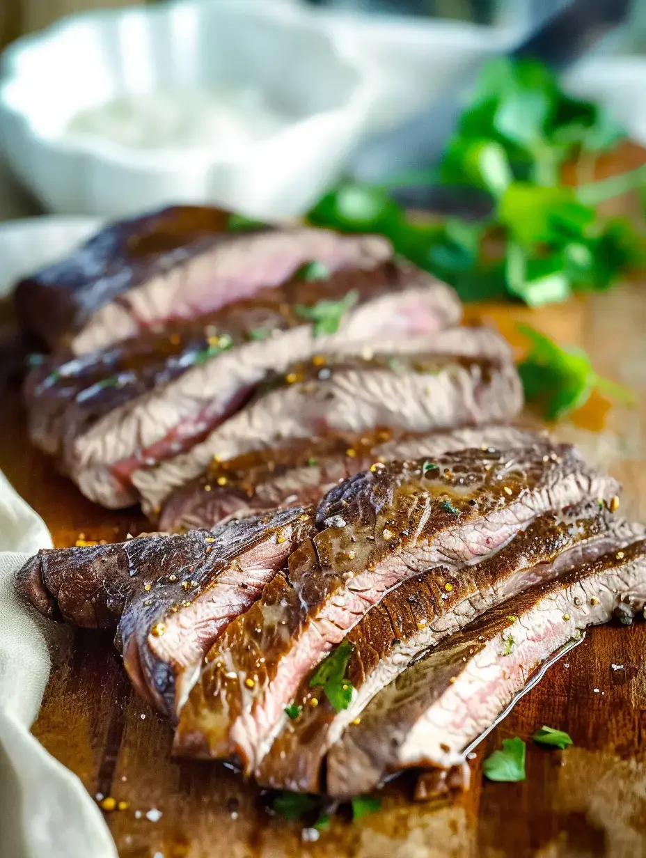 Sliced grilled steak is garnished with herbs and served on a wooden cutting board, with a small bowl of sauce in the background.