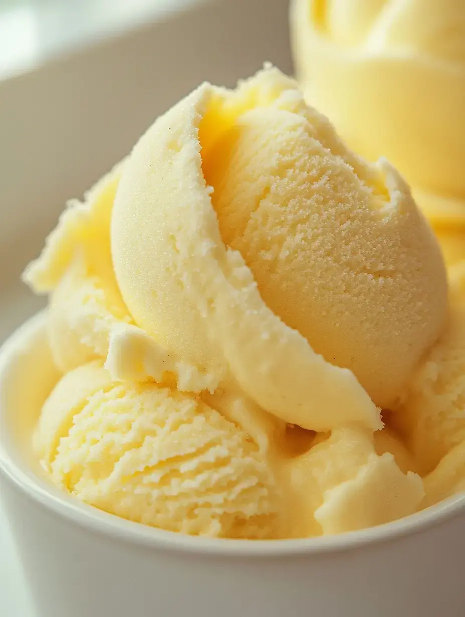 A close-up image of creamy, yellow ice cream scoops in a white bowl.