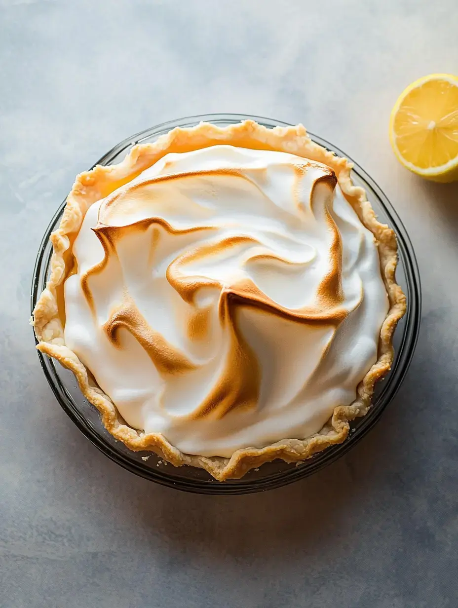 A lemon meringue pie with a golden-brown swirled topping is placed on a light surface next to a halved lemon.