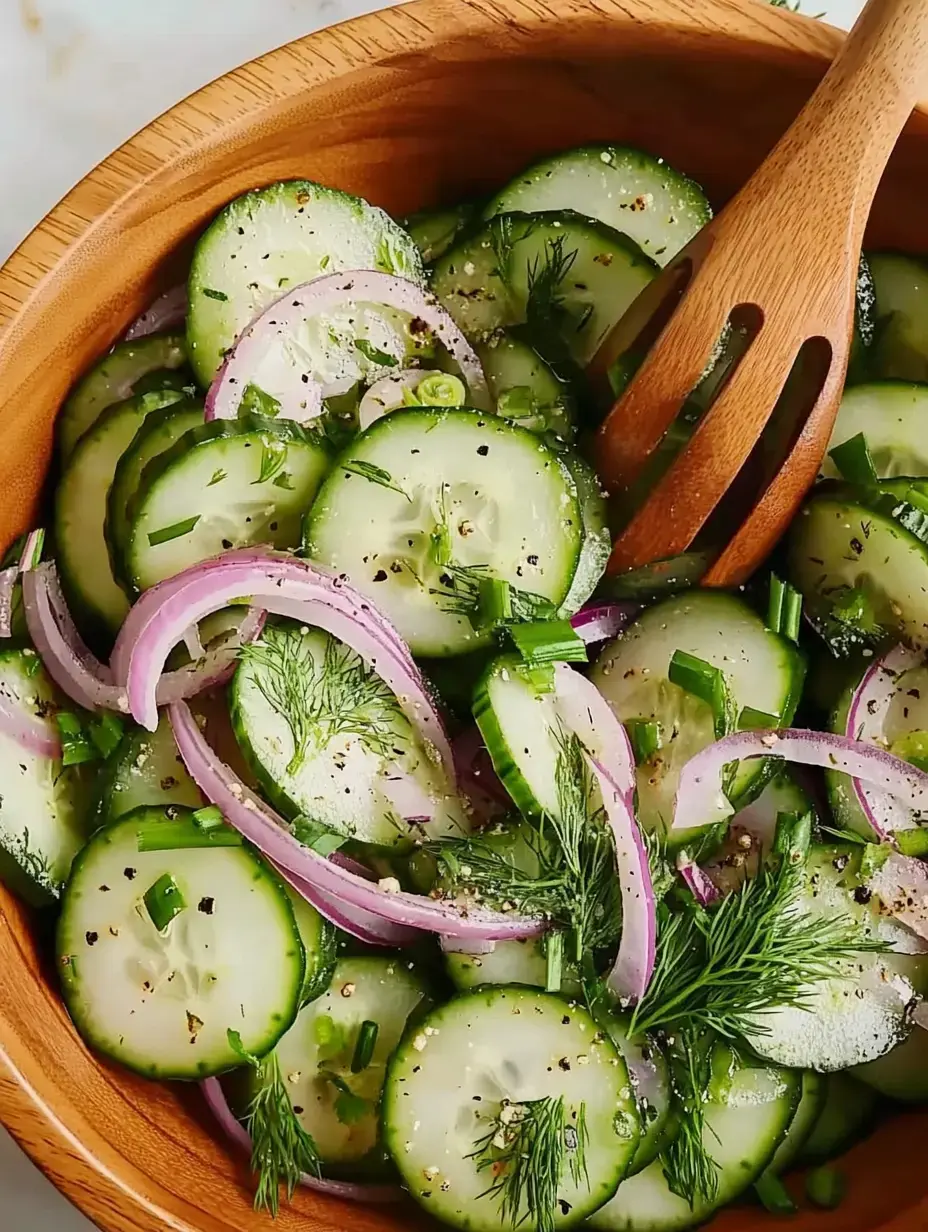 A wooden bowl filled with sliced cucumbers, red onions, and fresh dill, lightly seasoned and mixed together.