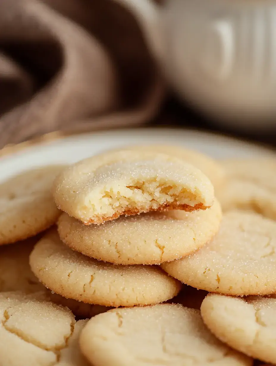 A close-up of a stack of sugar cookies, with one cookie showing a bite taken out of it, set on a plate.