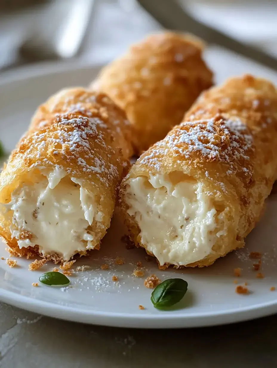 Three golden-brown pastry rolls filled with creamy filling, dusted with powdered sugar, on a white plate with a green basil leaf.