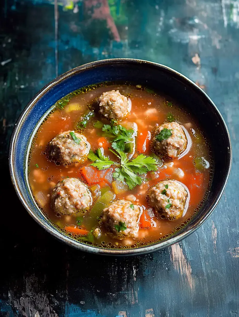 A bowl of soup with meatballs, vegetables, and fresh cilantro on a textured surface.