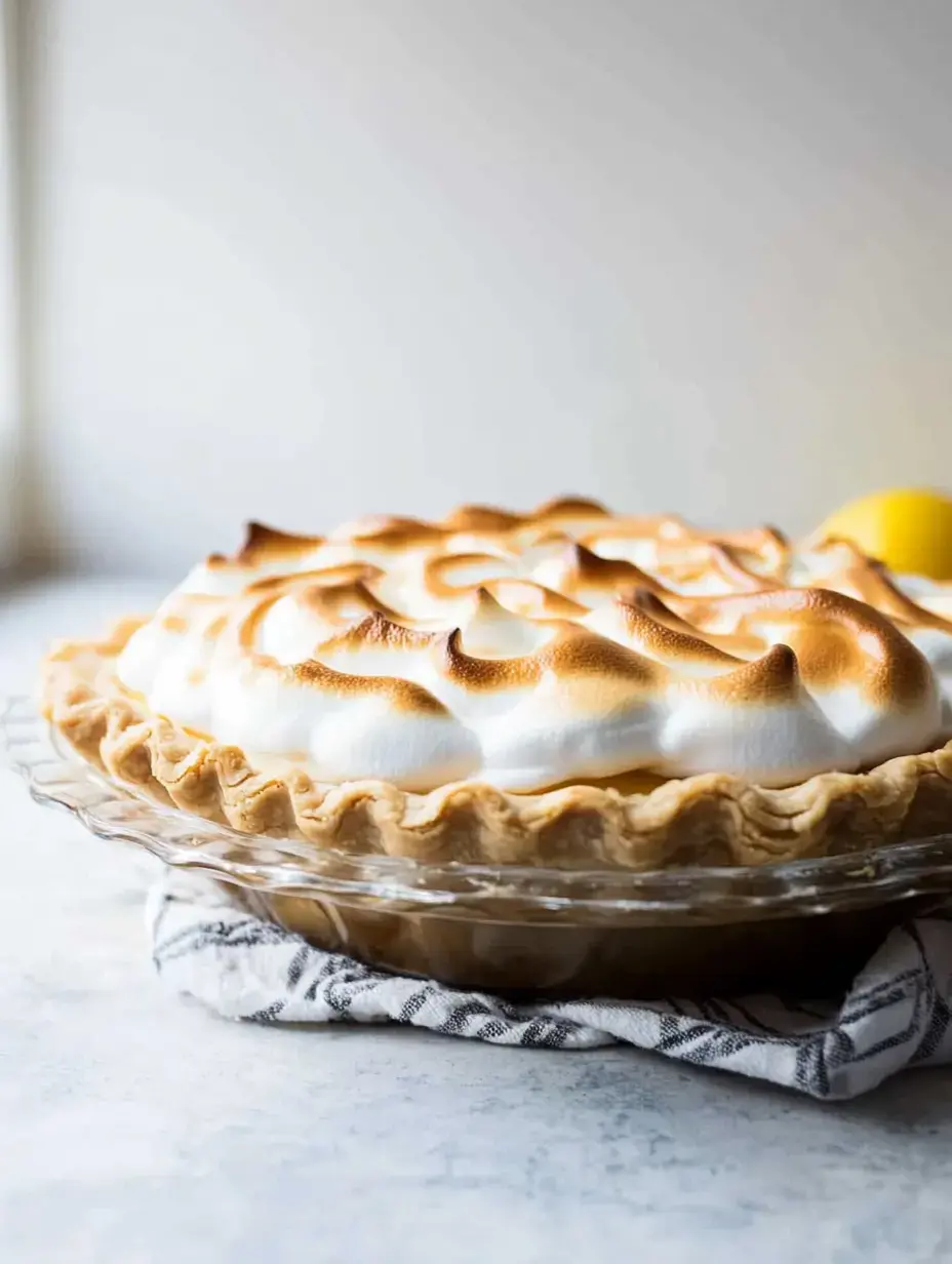 A freshly baked lemon meringue pie with a golden-brown meringue topping sits on a glass plate, resting on a patterned cloth.