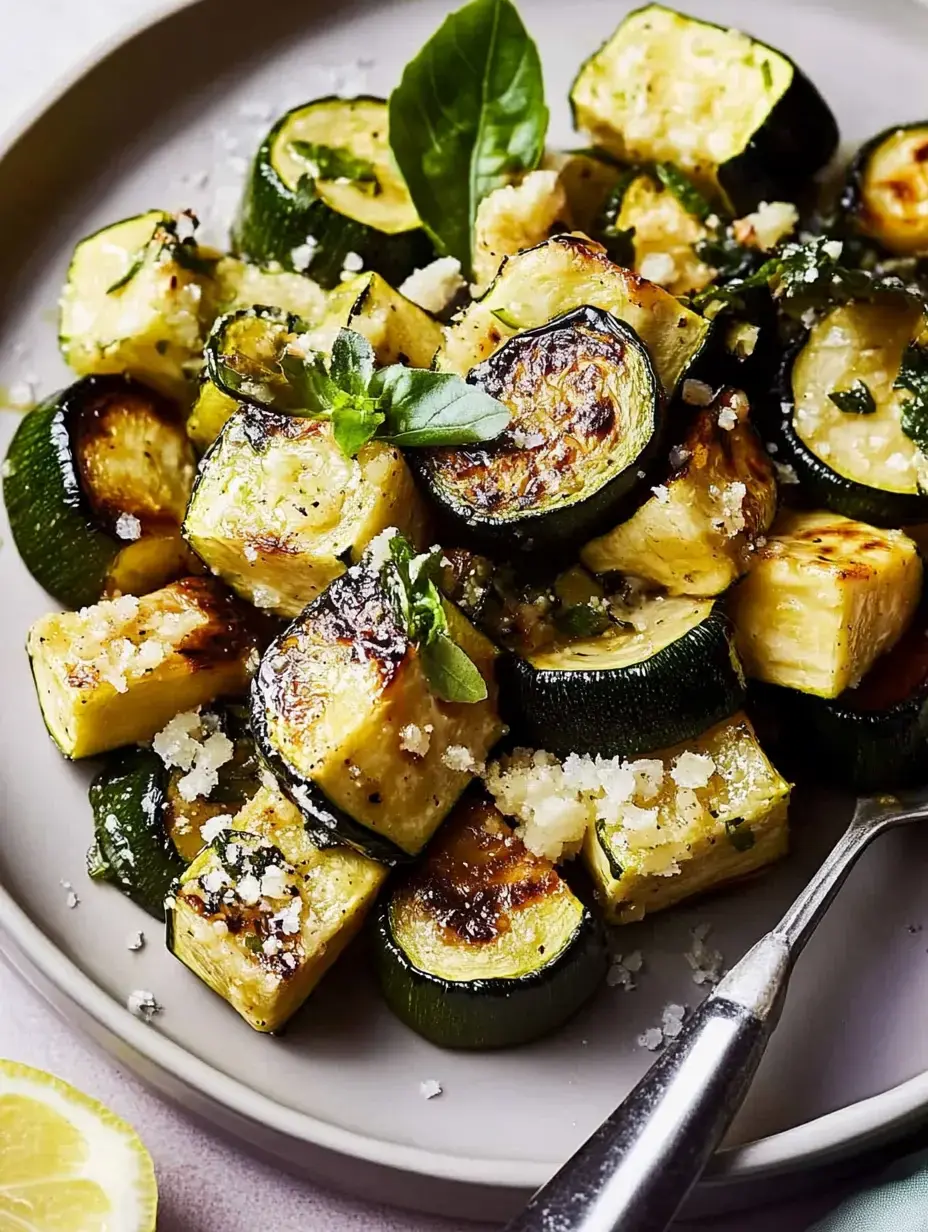 A plate of beautifully roasted zucchini pieces garnished with fresh basil and sprinkled with coarse salt.