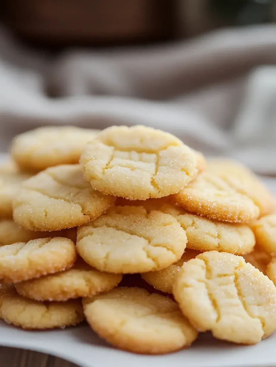 A pile of freshly baked, lightly golden sugar cookies with a crisscross pattern on top.