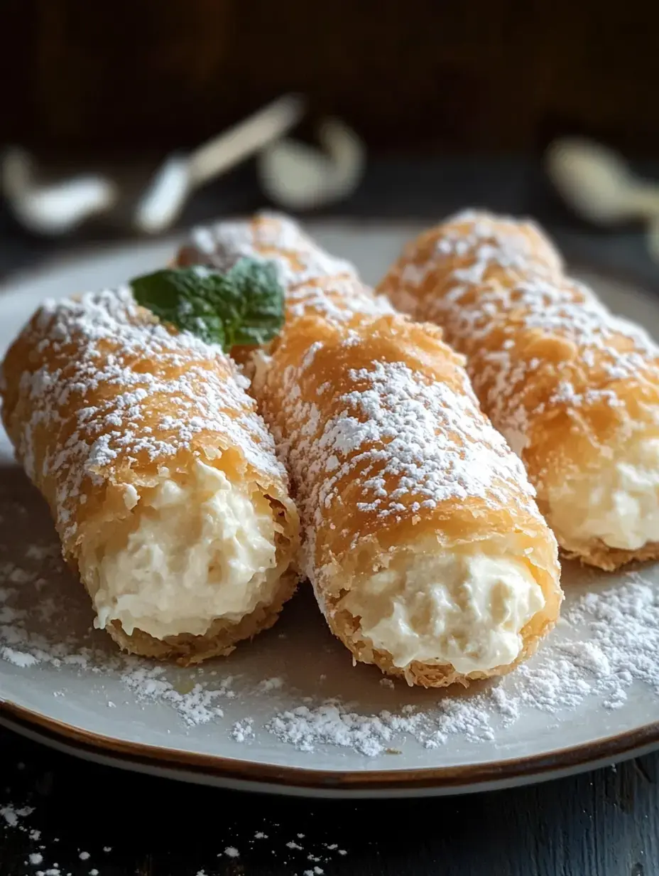 Three cream-filled pastries dusted with powdered sugar and garnished with a mint leaf are arranged on a plate.