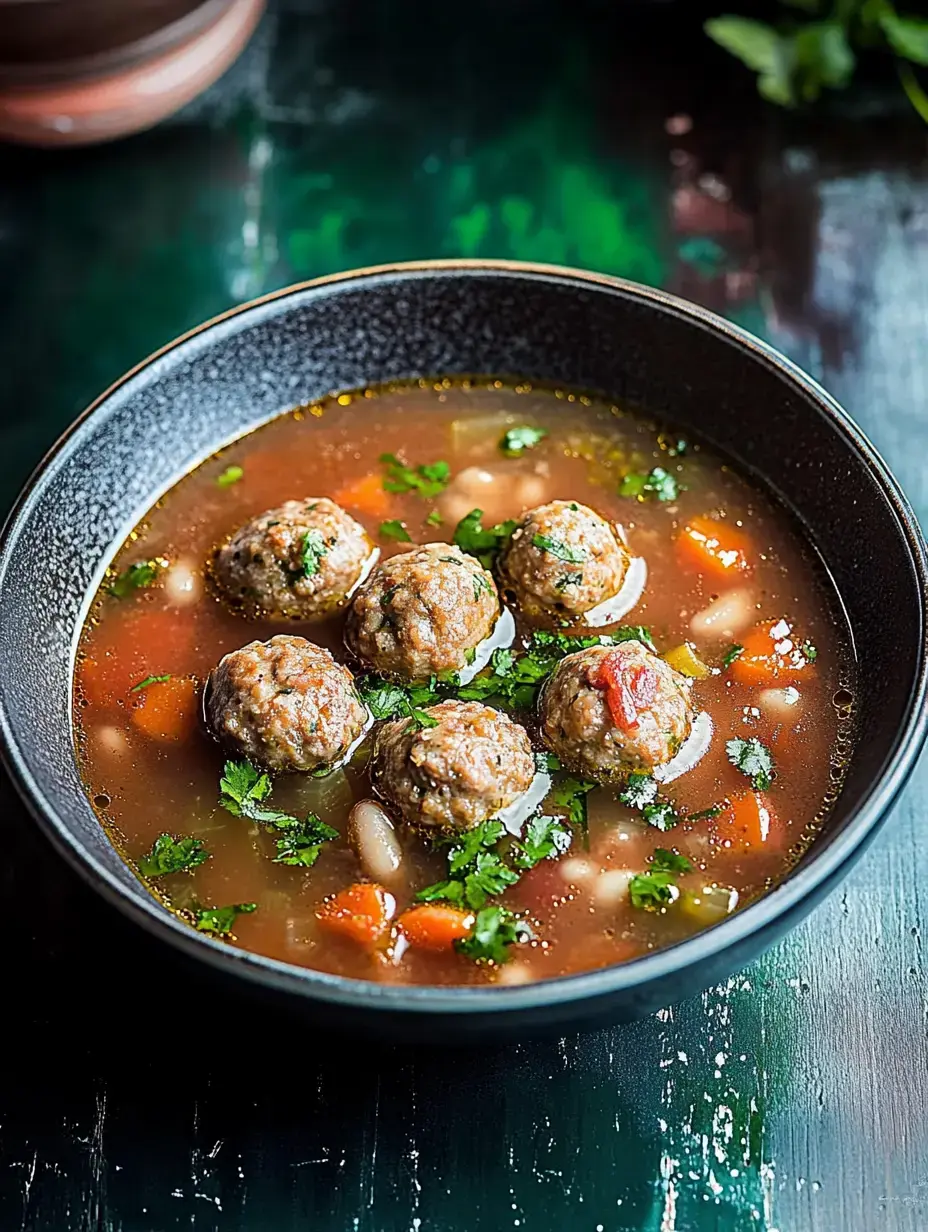 A black bowl filled with meatballs in a savory broth, garnished with fresh cilantro and mixed vegetables.