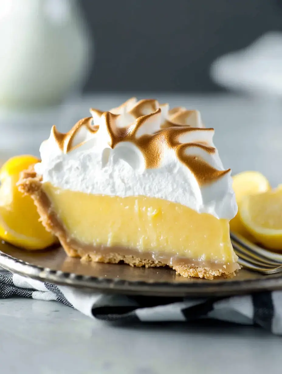 A slice of lemon meringue pie on a decorative plate, showcasing a buttery crust, lemon filling, and topped with fluffy meringue.