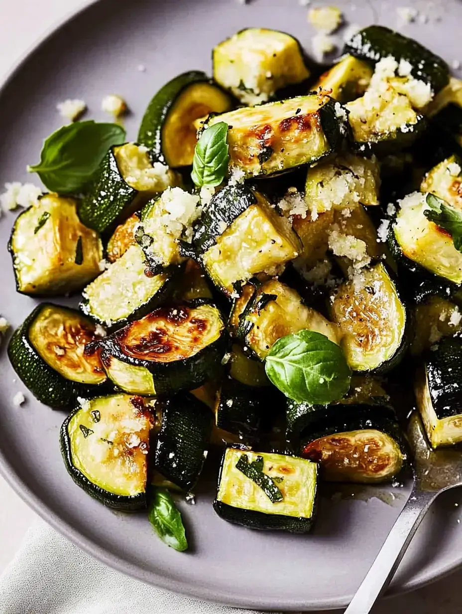 A plate of roasted zucchini chunks topped with fresh basil and sprinkled with grated cheese.