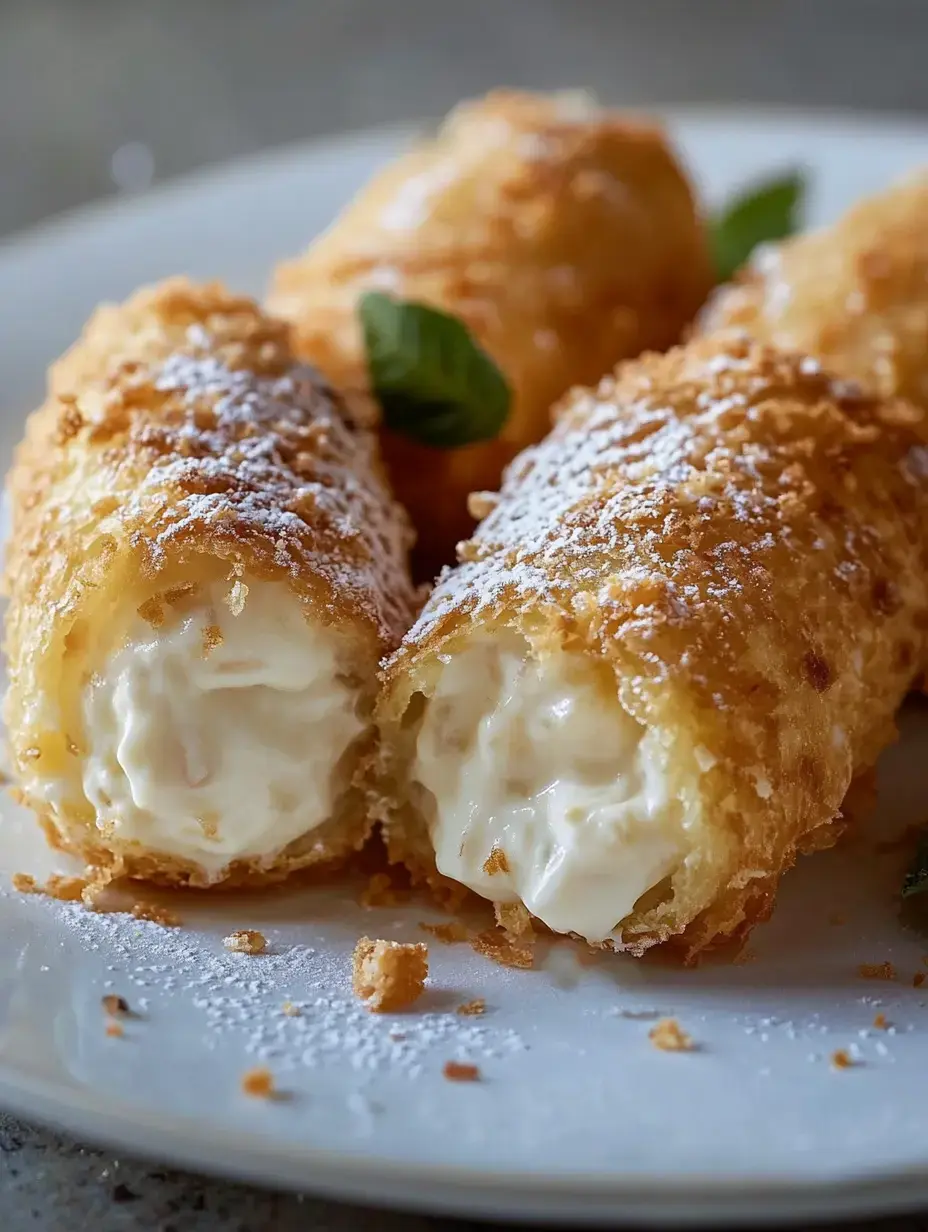 A close-up of two golden-brown fried pastries filled with creamy white filling, sprinkled with powdered sugar, displayed on a plate with a mint leaf.