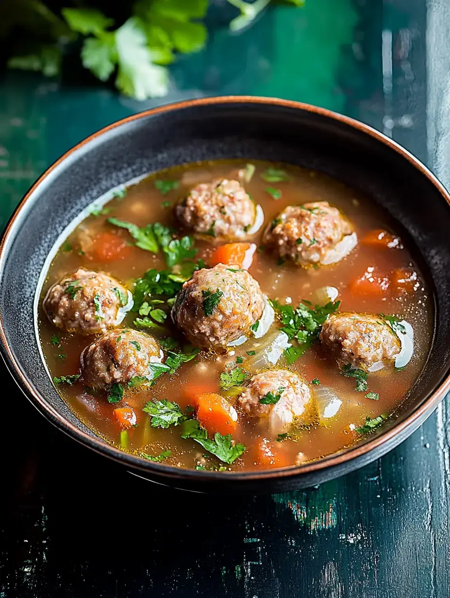 A bowl of meatball soup with vegetables and fresh cilantro on a dark wood surface.