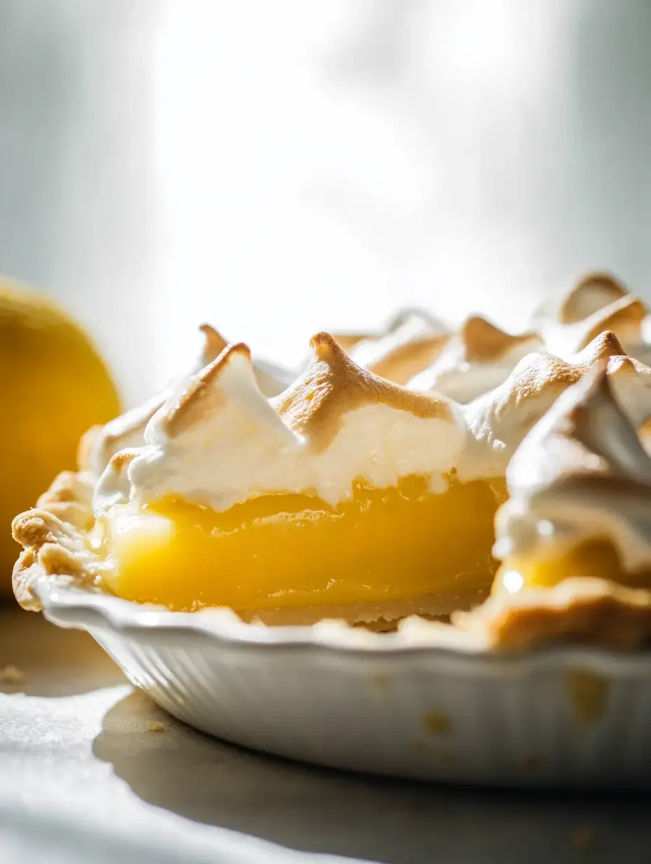 A close-up of a lemon meringue pie, showcasing its golden lemon filling and fluffy meringue topping, with a lemon fruit visible in the background.