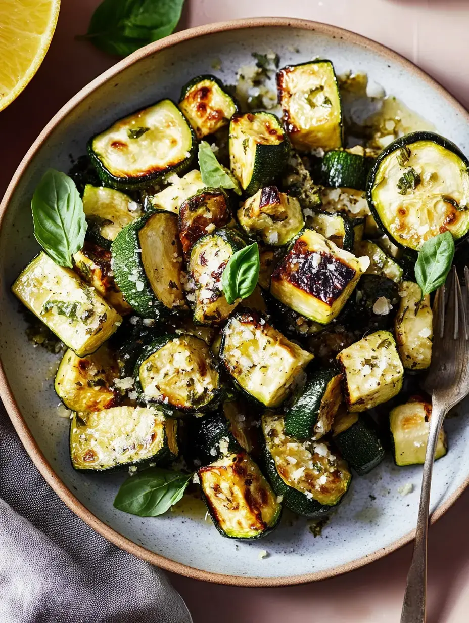 A bowl of roasted zucchini topped with fresh basil leaves and sprinkled with cheese, accompanied by a lemon half.