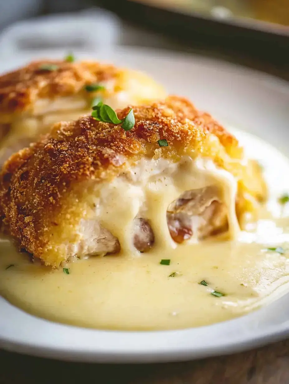 Two golden, breadcrumb-coated chicken breasts are oozing creamy sauce and garnished with parsley on a white plate.