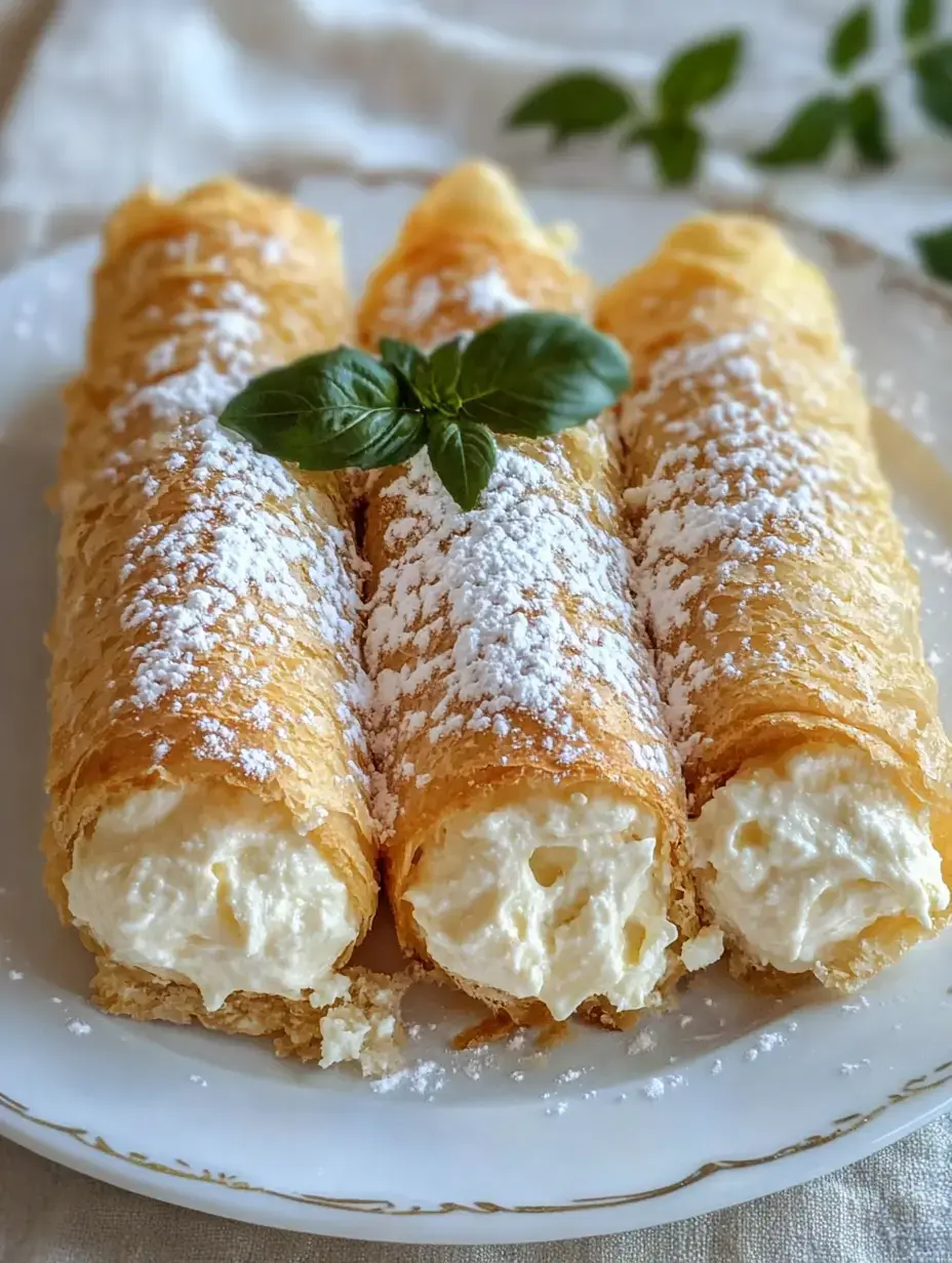 Three creamy-filled pastry rolls dusted with powdered sugar and garnished with a basil leaf on a white plate.