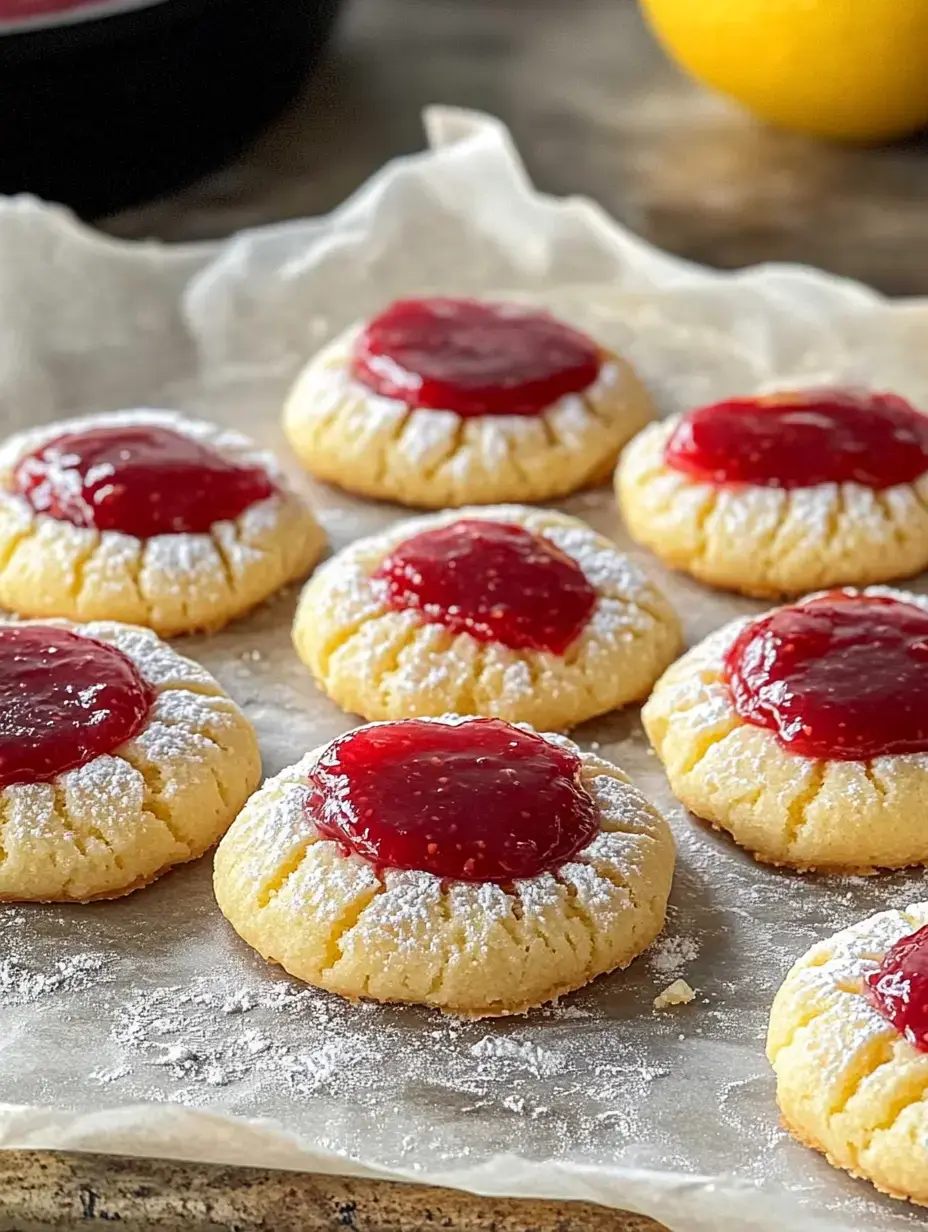 A tray of freshly baked cookies dusted with powdered sugar and topped with a glossy red jam, resting on parchment paper.