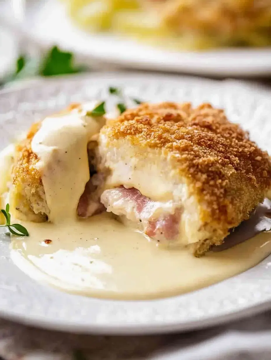 A close-up of a breaded and fried chicken dish, revealing layers of ham and melted cheese, drizzled with a creamy sauce on a decorative plate.