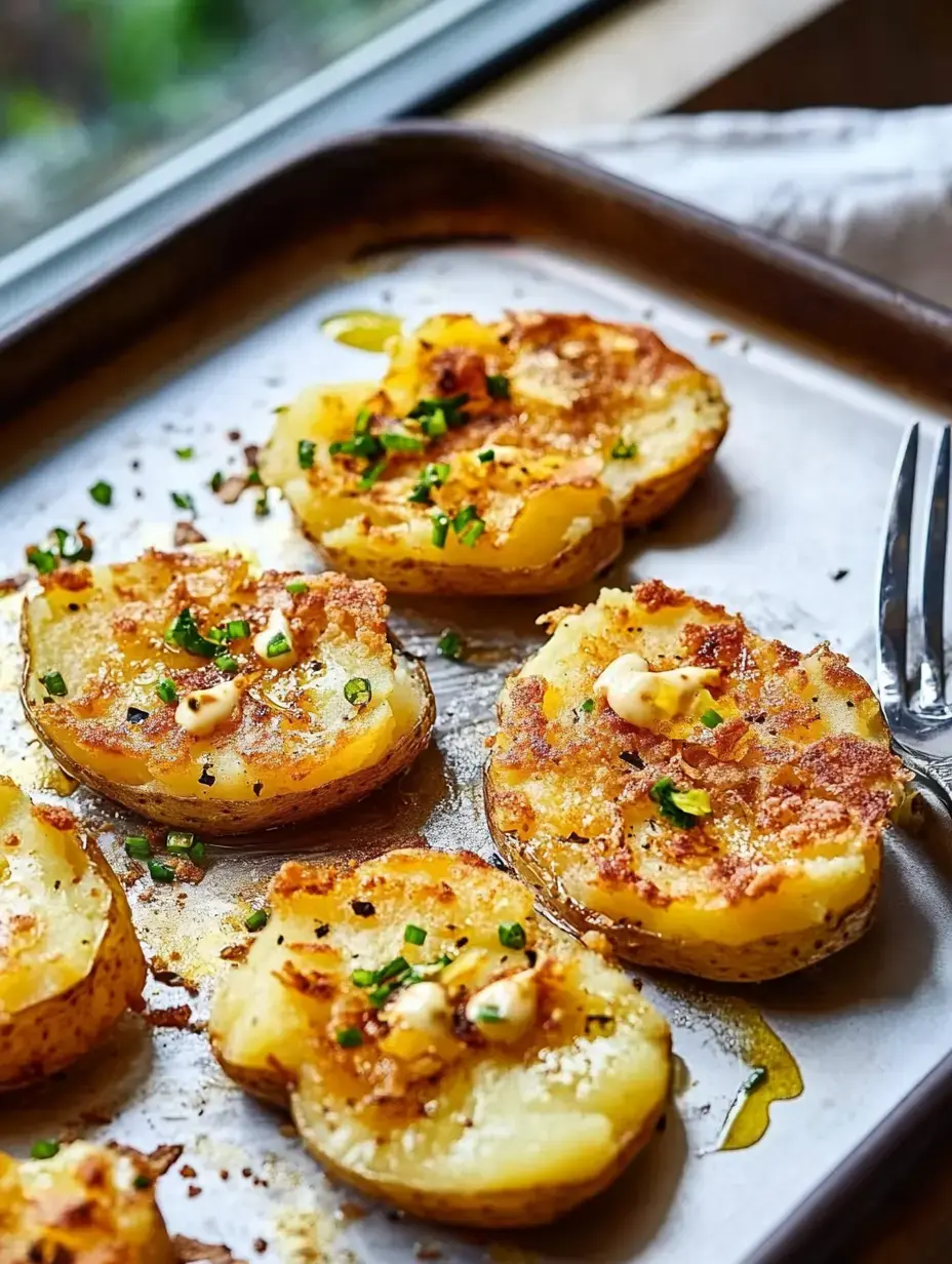 A tray of crispy, golden-brown smashed potatoes topped with chives and a drizzle of sauce.