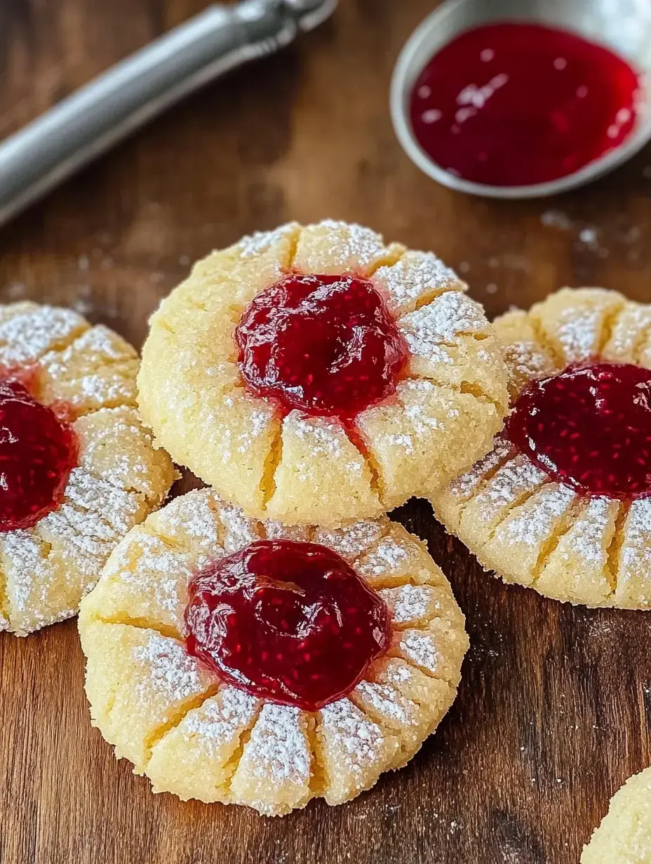 A close-up of buttery cookies topped with red jam and dusted with powdered sugar, arranged on a wooden surface.