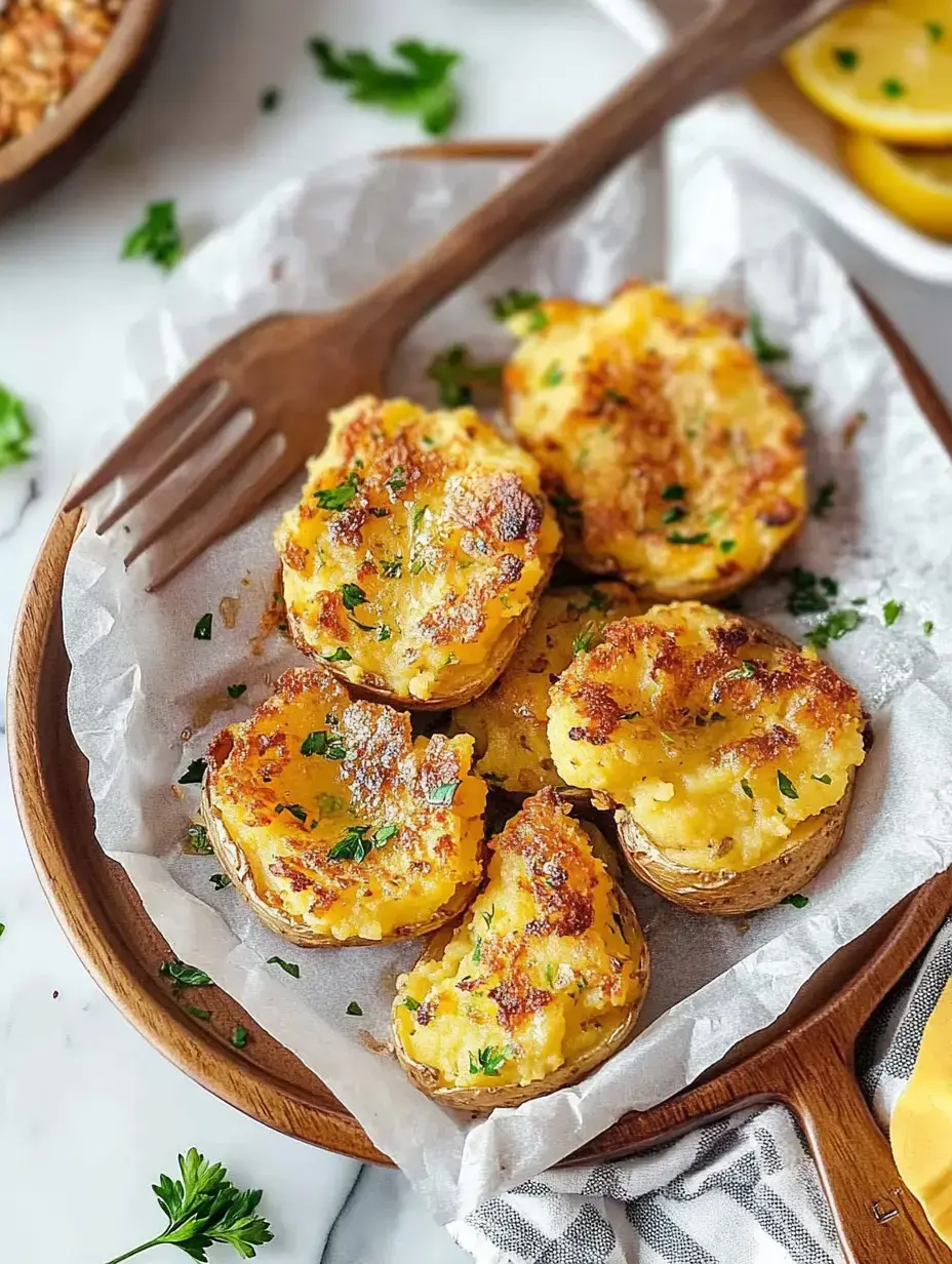 A wooden plate holds several golden-brown, stuffed potato halves garnished with parsley, resting on parchment paper.