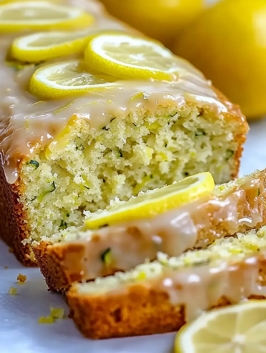 A sliced lemon loaf cake topped with glaze and lemon slices, with whole lemons in the background.